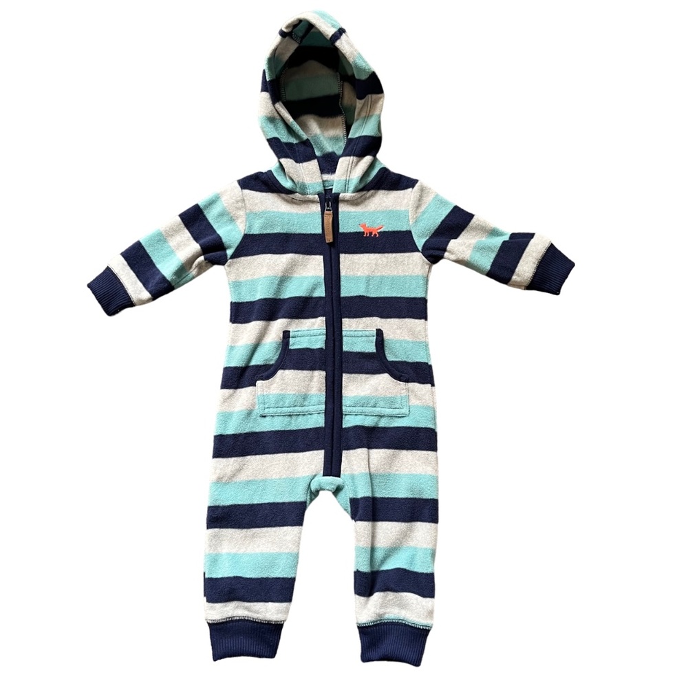 Carter's Blue and White Striped Hooded Fleece Jumpsuit, 6 Months Warm Winter